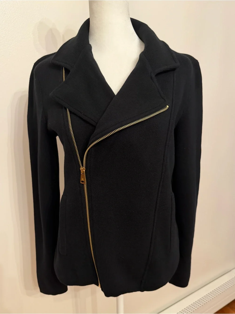 Lauren Ralph Lauren NWT Black Moto Jacket Gold Asymmetric Zip Size Medium
